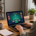 Engaged player strategizing in an online poker game with 7m interface on laptop, focused atmosphere