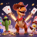 O8 features a vibrant 3D casino scene with a cowboy dinosaur and poker elements.