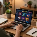 Engaging gameplay on KK55 casino platform from cozy home office setting.