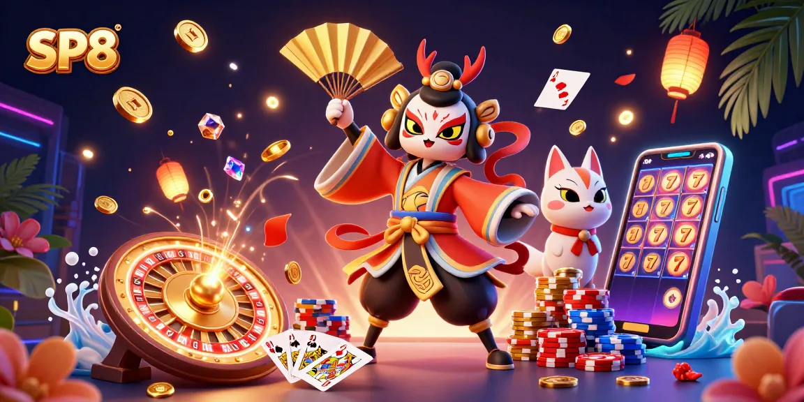 Experience SP8's vibrant gaming universe with dynamic characters amidst glittering casino elements.