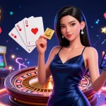 Win big at LU88 with a striking Asian woman holding a winning casino app and golden chip.