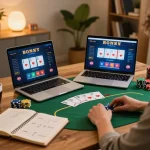 Engaging in an online poker game with nhà cái SC88 in a cozy home office setting, showcasing strategic betting.