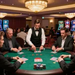 Players engaging in high-stakes poker at an upscale casino featuring GK88's betting options.
