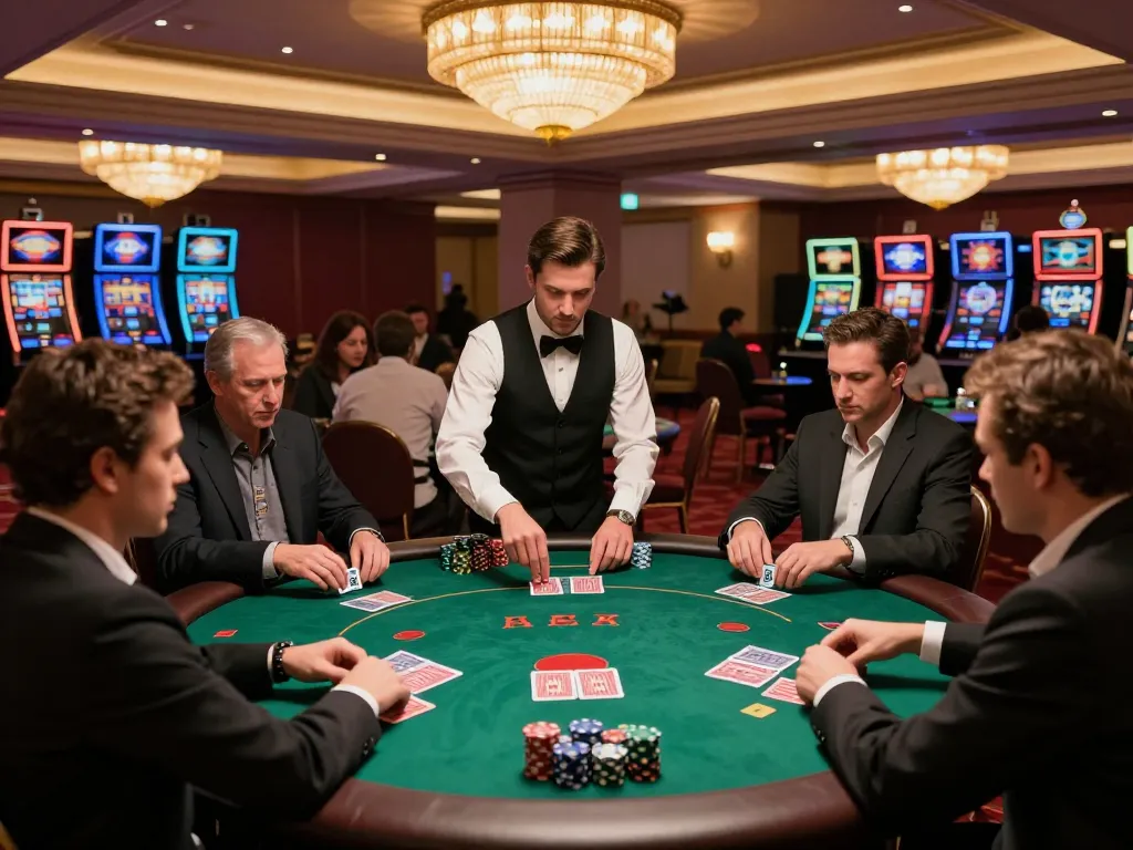 Players engaging in high-stakes poker at an upscale casino featuring GK88's betting options.