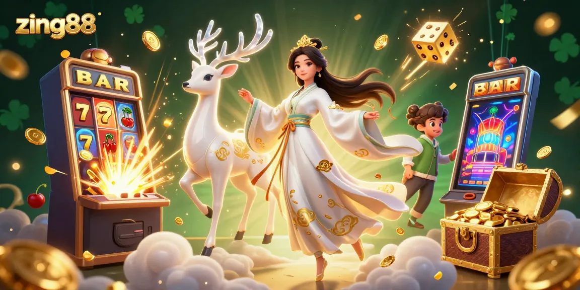 Experience thrilling action at zing88 with a beautiful Asian woman in traditional attire amidst dynamic jackpot elements and casino symbols.