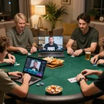 Players enjoying an online poker game together through link mb66 in a cozy living room setup.