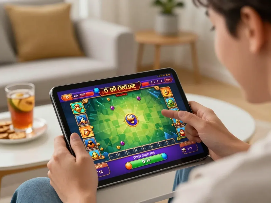 Lô Đề Online gameplay on a tablet, capturing a person engaged in betting at home, highlighting interactive gaming experience.