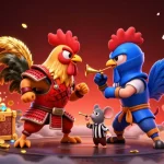 Hitclub features twin roosters in combat, with vibrant casino elements and dynamic energy