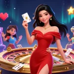 Engaging TT88 illustration featuring a beautiful woman positing with a golden card beside a roulette wheel.