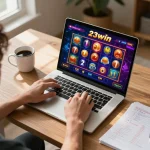 Engaging online gaming experience at 23win with colorful casino games displayed on laptop.