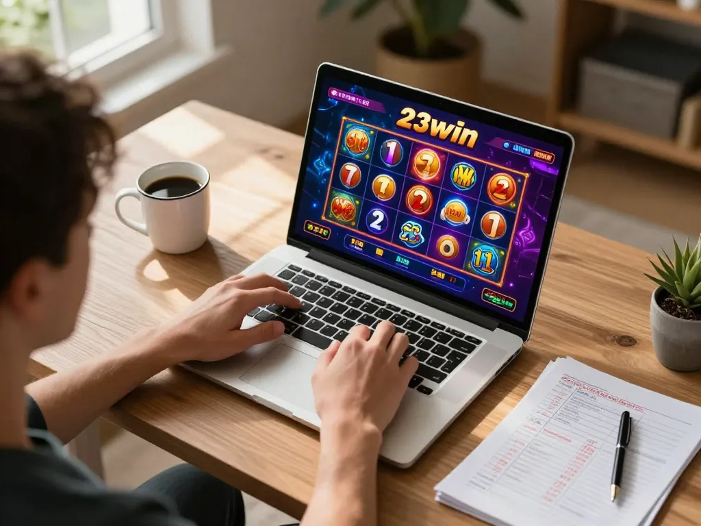 Engaging online gaming experience at 23win with colorful casino games displayed on laptop.