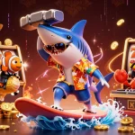 Engage with beat4d as a shark, clownfish, and crab celebrate jackpot wins in vibrant casino scene.
