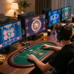 Player engaging in online casino games from a cozy home setup, highlighting trang chủ cm88 for a strategic gaming experience.