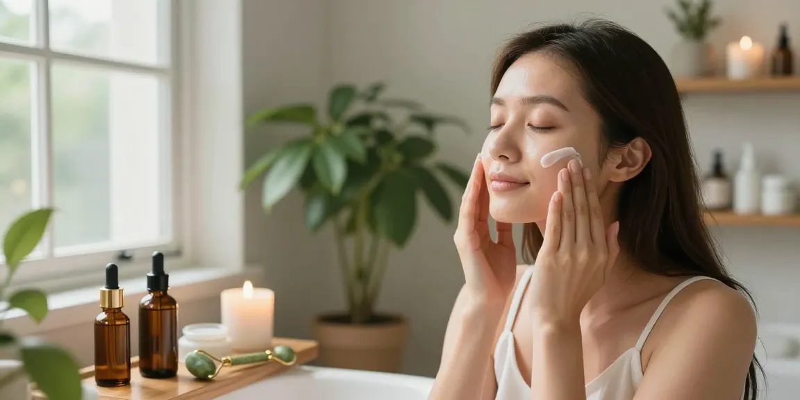 Applying Vitamin Rich Facial Balm in a serene bathroom for glowing skin.