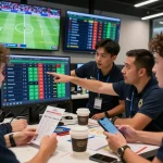 kèo nhà cái updates in a modern sports betting shop with people reviewing odds and match scores