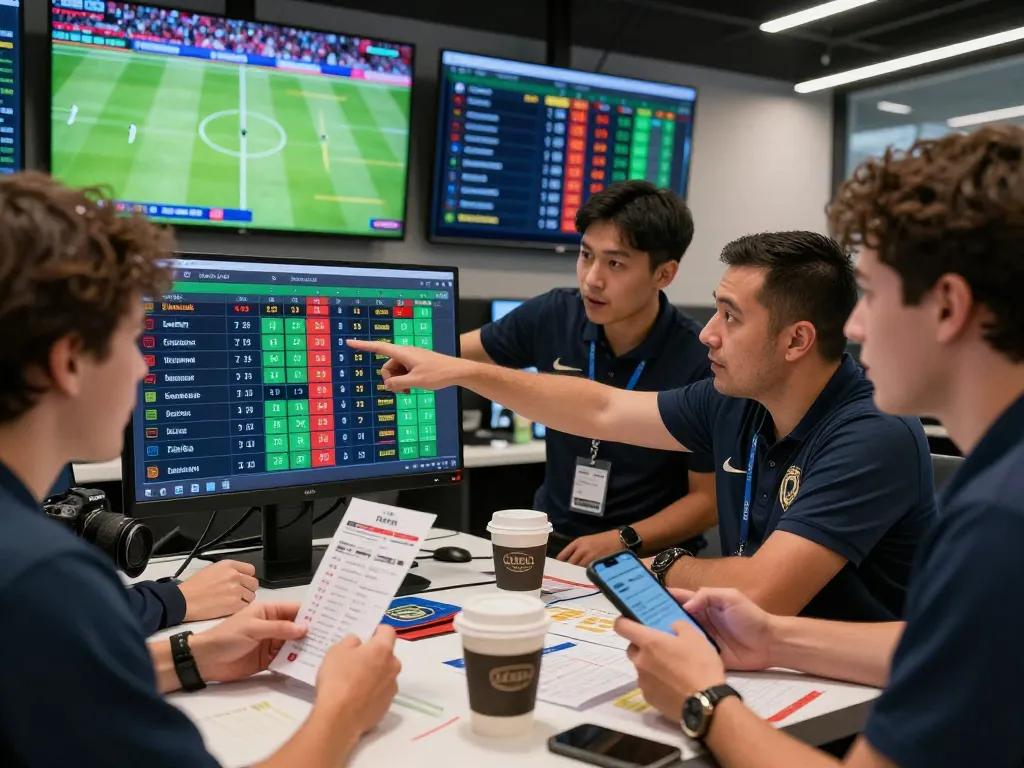kèo nhà cái updates in a modern sports betting shop with people reviewing odds and match scores