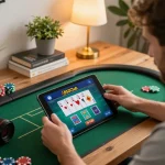 Người chơi B52club tham gia trò chơi poker trên máy tính bảng, thể hiện chiến lược và sự phấn khích trong một không gian ấm cúng tại nhà.