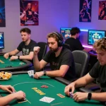 Exciting game bài đổi thưởng online scene featuring players engaged in a poker match with vibrant LED lighting.