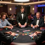 Engaged players at a go88 blackjack table strategizing their bets in a vibrant casino atmosphere