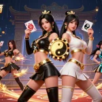Engage in 88体育直播 with twin Asian women holding playing cards, surrounded by casino elements.