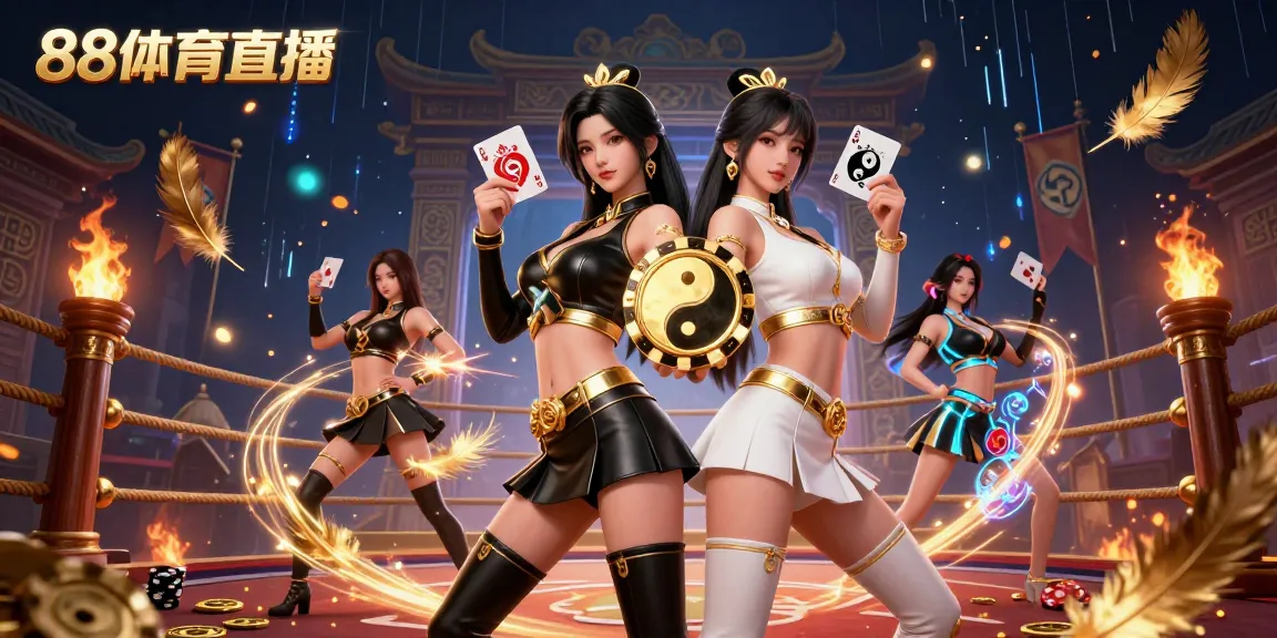 Engage in 88体育直播 with twin Asian women holding playing cards, surrounded by casino elements.