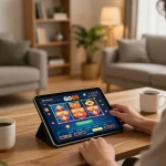 Người chơi trò chơi casino Go88 trên máy tính bảng trong một không gian ấm cúng tại nhà, thể hiện trò chơi trực tuyến.