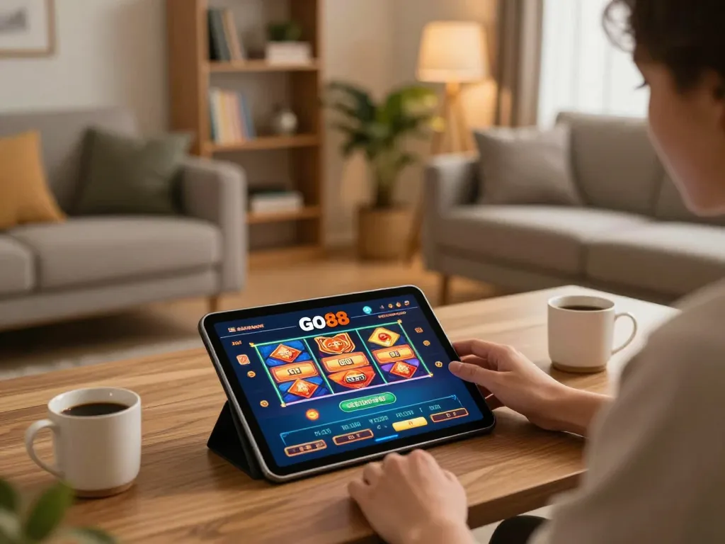 Người chơi trò chơi casino Go88 trên máy tính bảng trong một không gian ấm cúng tại nhà, thể hiện trò chơi trực tuyến.