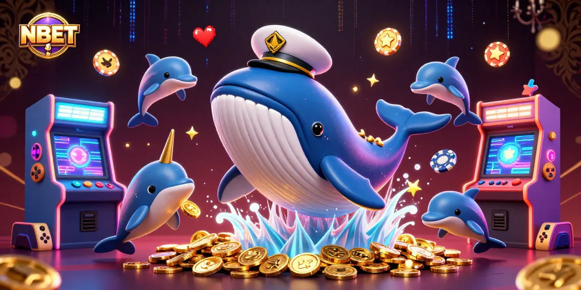Engage in casino fun with NBET as a whale, narwhal, and dolphins play among coins.