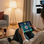 Engaging with the GO8 app on a tablet during a cozy home gaming session