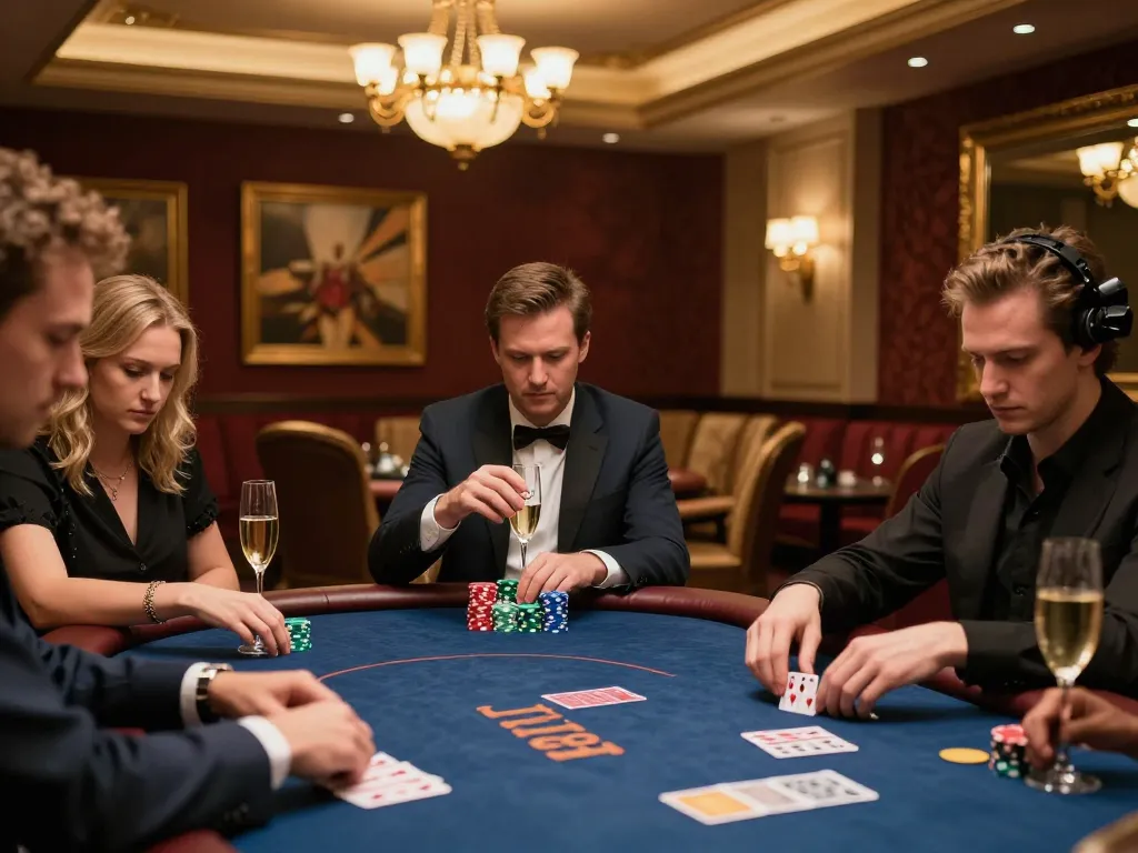 FLY88 VIP casino experience showcasing players strategizing in an upscale poker game