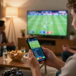 Person placing bets on keonhacaivn app while enjoying a football match at home with friends.