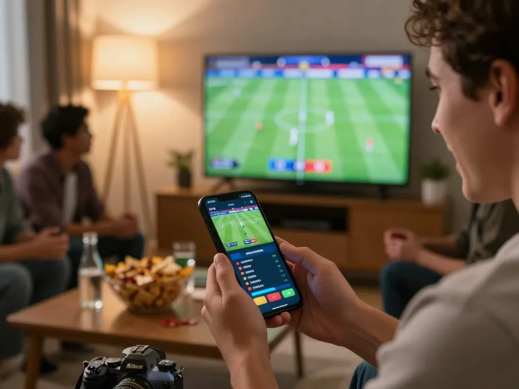 Person placing bets on keonhacaivn app while enjoying a football match at home with friends.