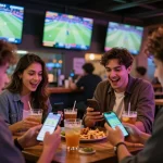 Friends celebrating a winning bet with keonhacai sports betting apps in lively sports bar atmosphere.