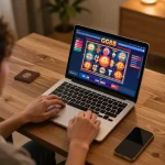Player exploring various GG88 slots and table games on a stylish laptop in a cozy home setup.
