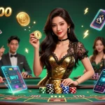 Engage in excitement at shbet800 with a glamorous Asian woman at a VIP baccarat table showcasing golden casino chips.