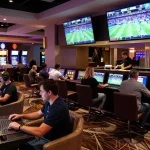 GO8 bettors engaging in live sports betting at a stylish casino lounge with vibrant screens