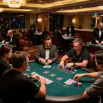 Experience exciting blackjack gameplay at 33win casino with engaging players and atmospheric decor