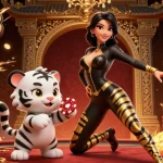 Engage with the exciting world of TG88 COM featuring a stunning acrobat and a playful white tiger in a vibrant casino scene.