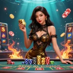 Kuwin slots scene showcasing an Asian woman at a VIP baccarat table, surrounded by vibrant casino elements.