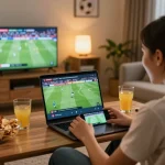Xoilac bóng đá live streaming viewed on laptop during an exciting home football match.