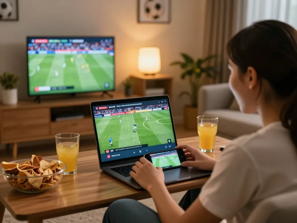 Xoilac bóng đá live streaming viewed on laptop during an exciting home football match.