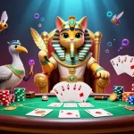 lsa themed illustration of an Egyptian pharaoh cat gambling at a poker table, depicting an extravagant casino scene.