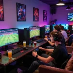 Diverse group enjoying thrilling gaming session at Jun88, showcasing community and excitement.
