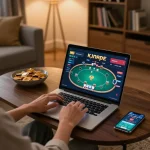 cm88-bet player engaging in online poker game with cozy home setup