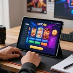 Engaging in lottery gaming on Xoso66 platform with modern device in a vibrant setting.