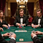 Players strategizing around a luxurious poker table in high-stakes game featuring DA88 chips.