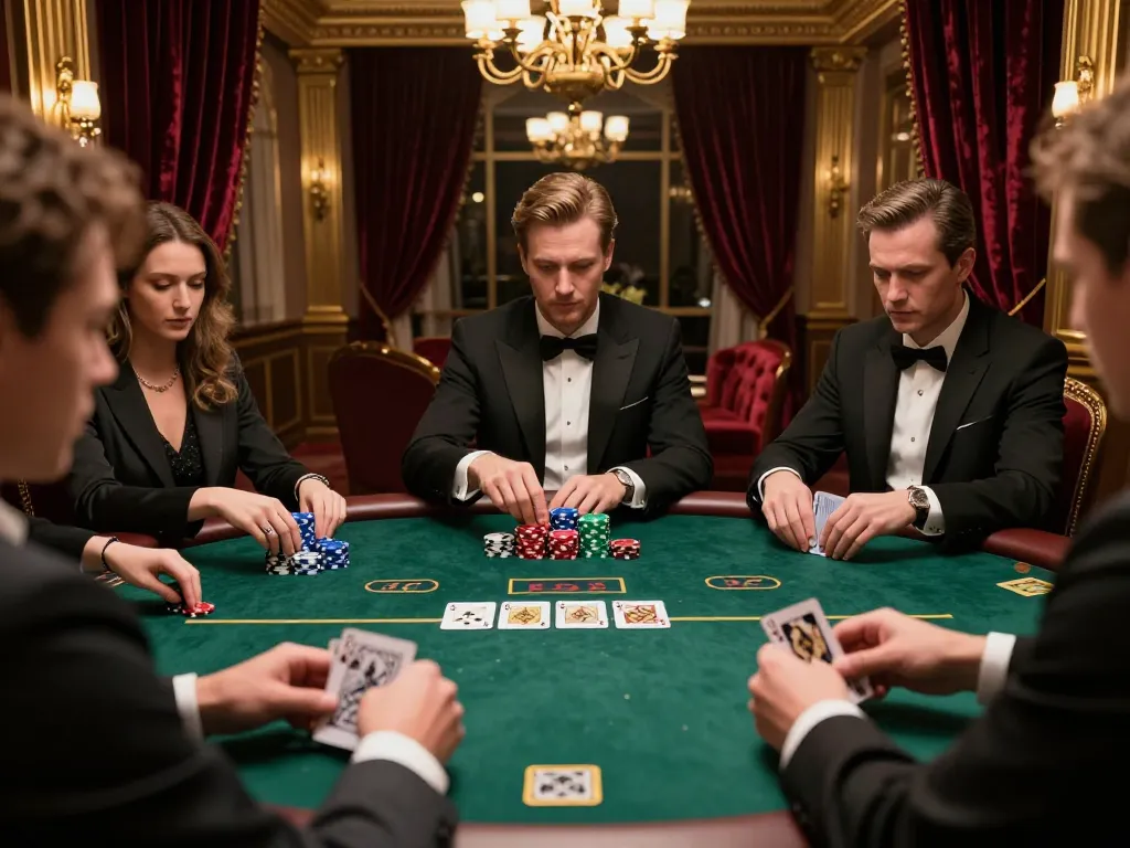 Players strategizing around a luxurious poker table in high-stakes game featuring DA88 chips.