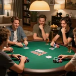 Friends enjoying a lively poker night while strategizing, showcasing 9bet gaming excitement.