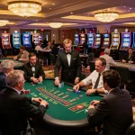 Engaging GMNC casino scene with players enjoying various table games and vibrant slot machines.