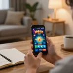 Player strategizing on lc88 mobile casino game, vibrant phone interface and cozy atmosphere